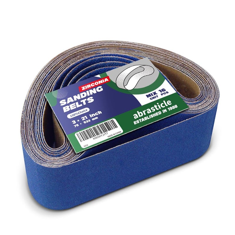 abrasticle 3"" x 21"" Zirconia Sanding Belts for Metal, 3 x 21 Inch Zirconia Metal Grinding Sand Paper, 16 PCS 4 Each of 60/80/120/240 Assorted Grits - Image 1